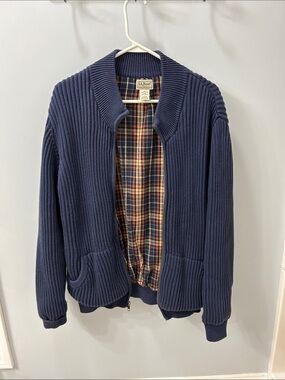 L.L. Bean Navy Ribbed Full-Zip Sweater with Plaid Lining